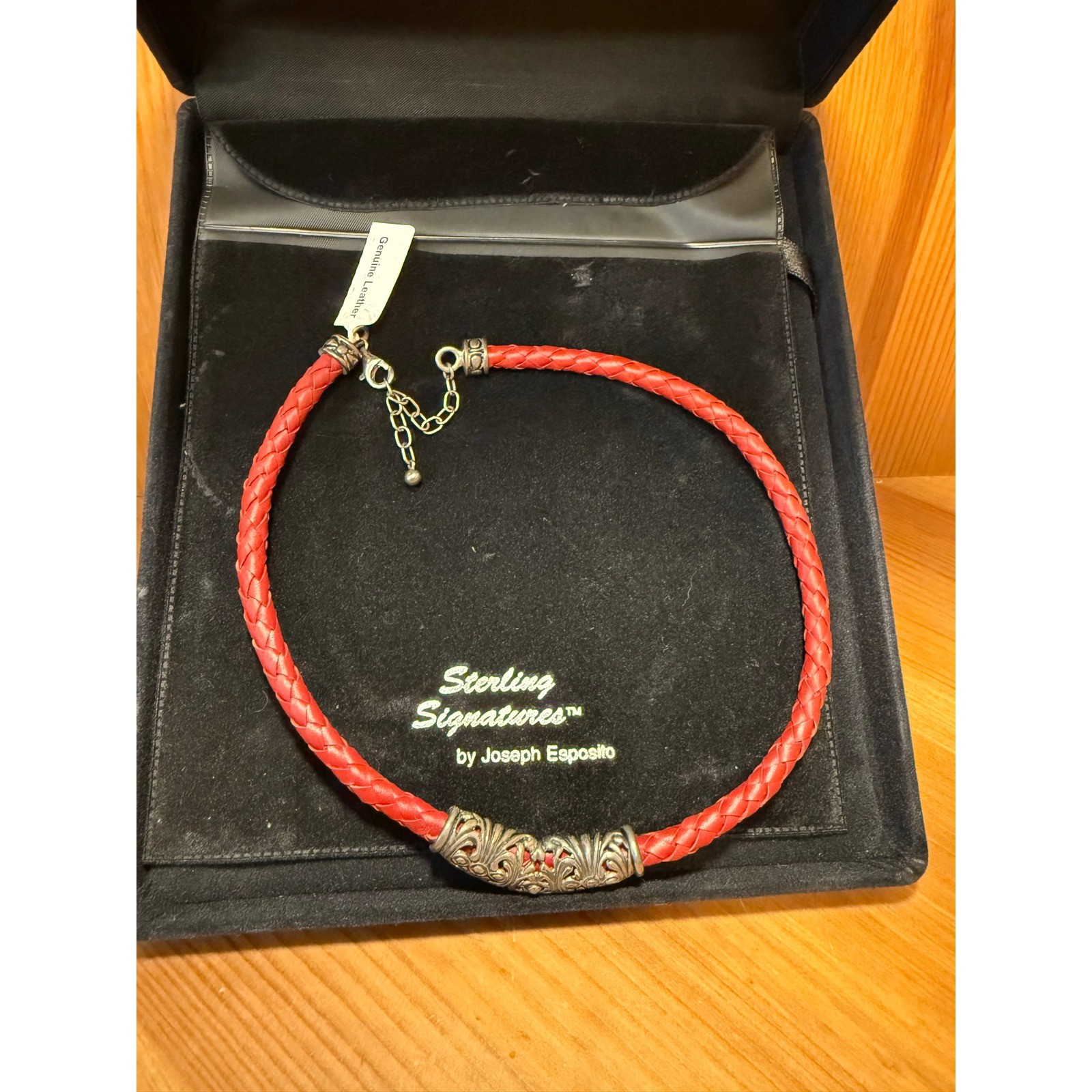 Sterling Signatures Joseph Esposito 925 Sterling Silver Red Leather Necklace