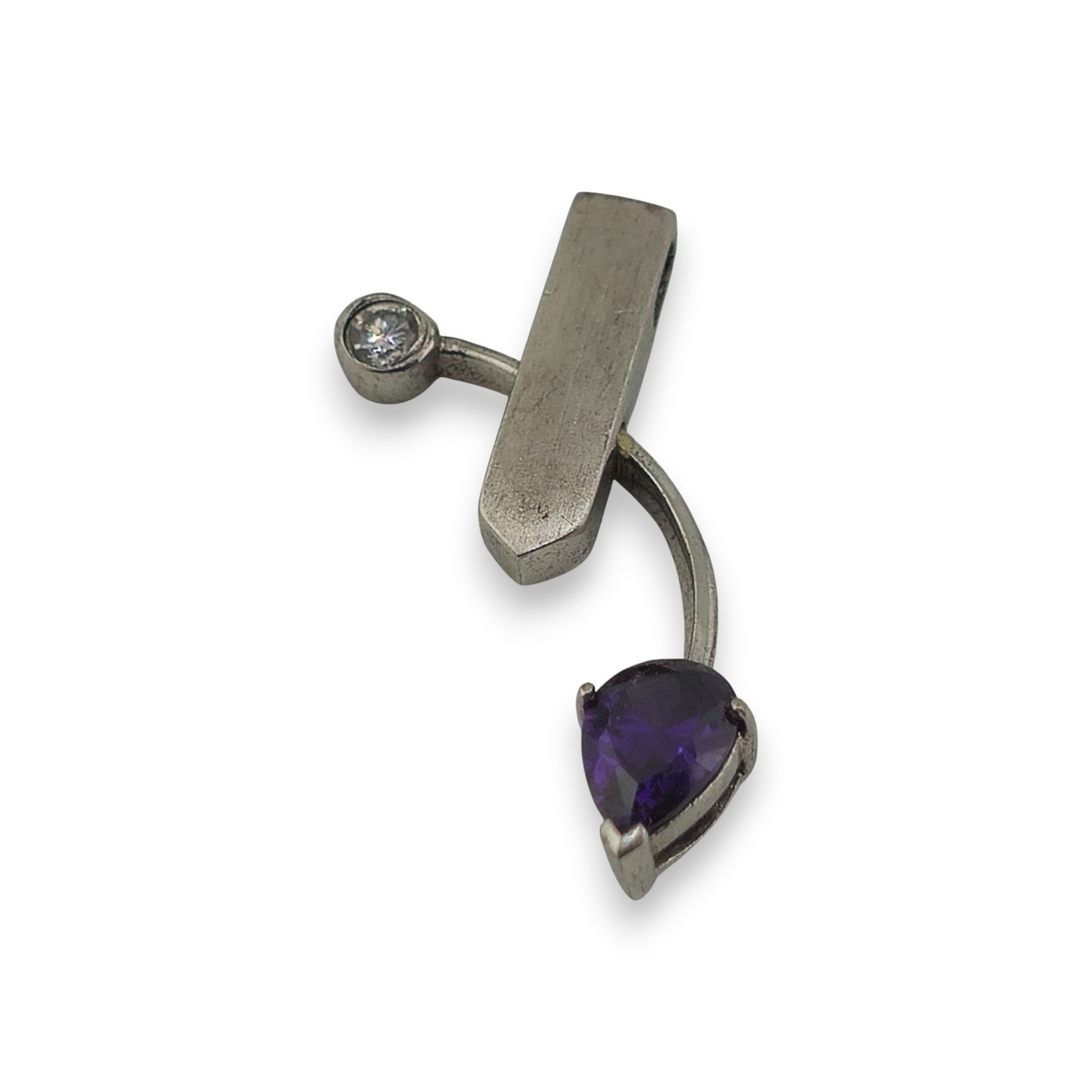 925 Silver Modern Pendant Clear Round & Purple Pear Gemstones 2g Stylish Jewelry