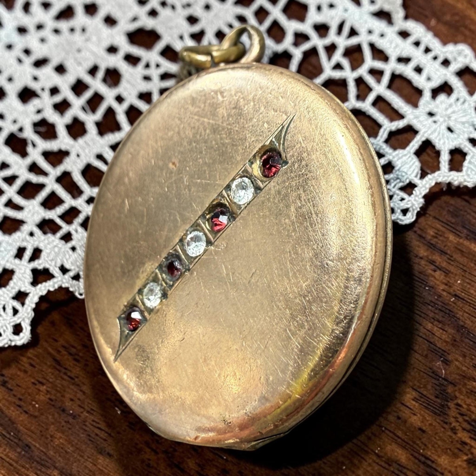 12K Gold Filled Victorian Locket- Red + White Crossbar Garnet Antique 1890