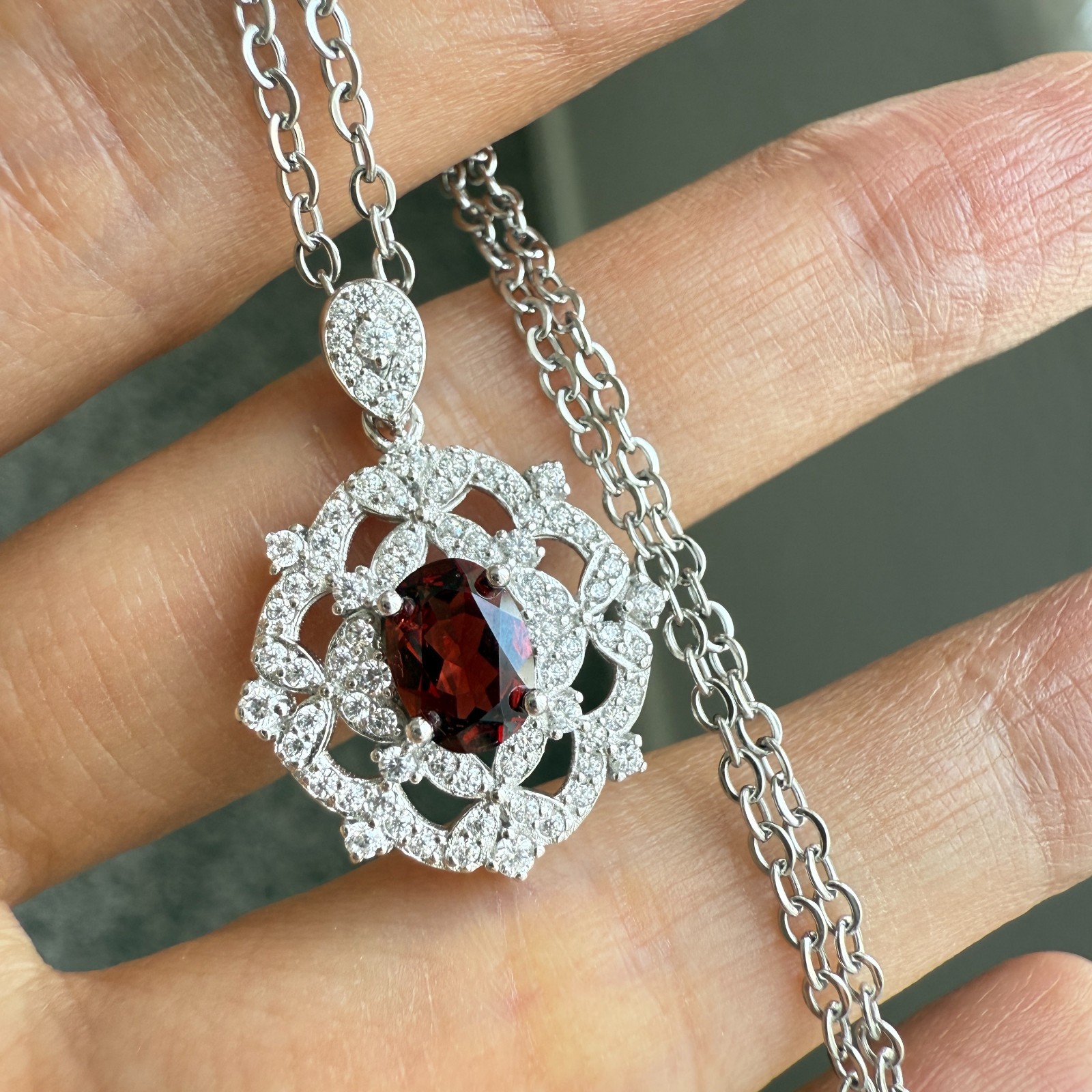 925 Sterling Silver Necklace 7x5mm Natural Garnet Gemstone Zircon Handmade Gift