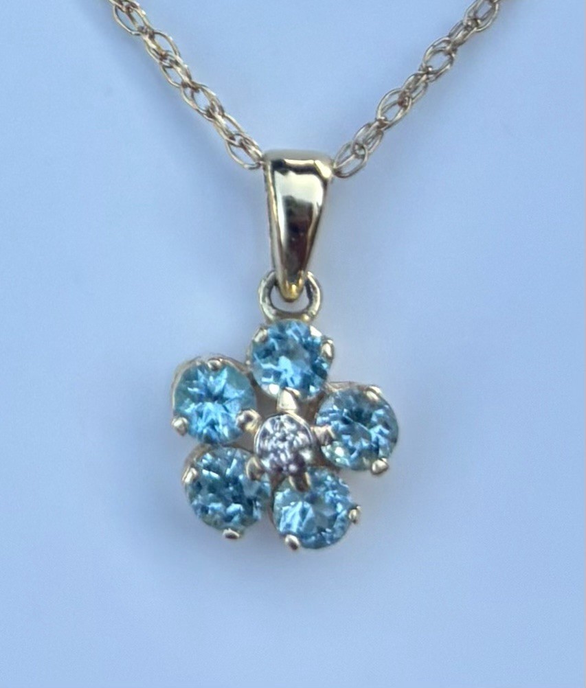 Estate 14k Yellow Gold Diamond And Blue Spinel Flower Pendant Necklace 19” Cable
