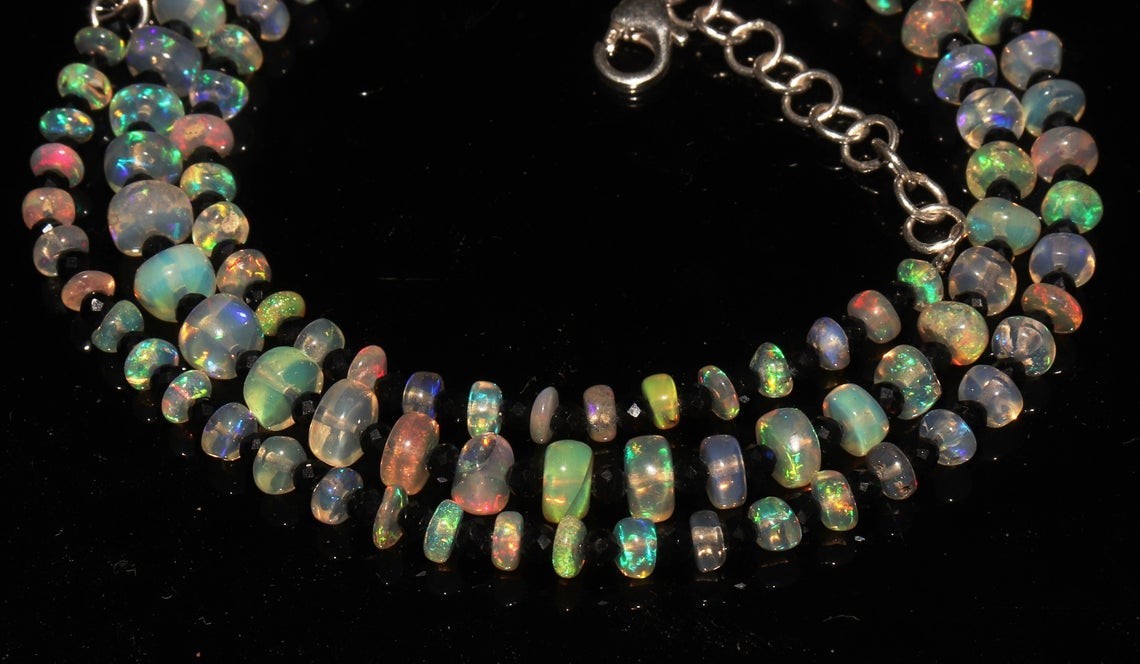 Ethiopian opal black spinel gemstone 925 sterling silver necklace jewelry h66