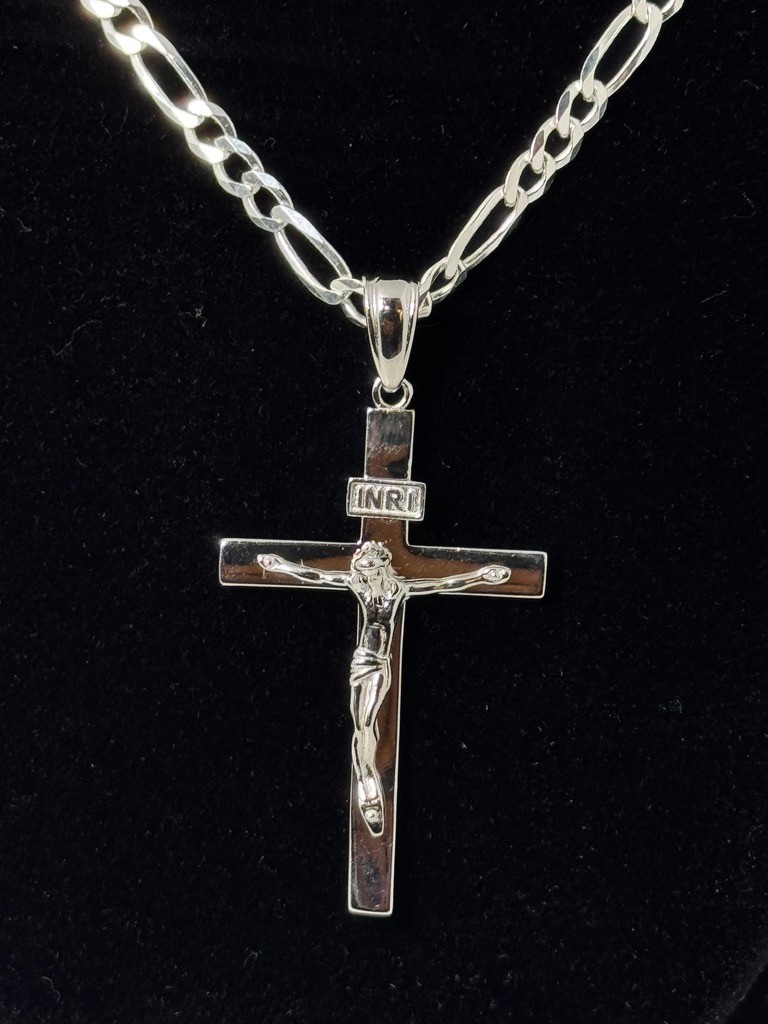 Sterling Silver 925 Italy Figaro Chain Necklace with INRI Crucifix Cross Pendant