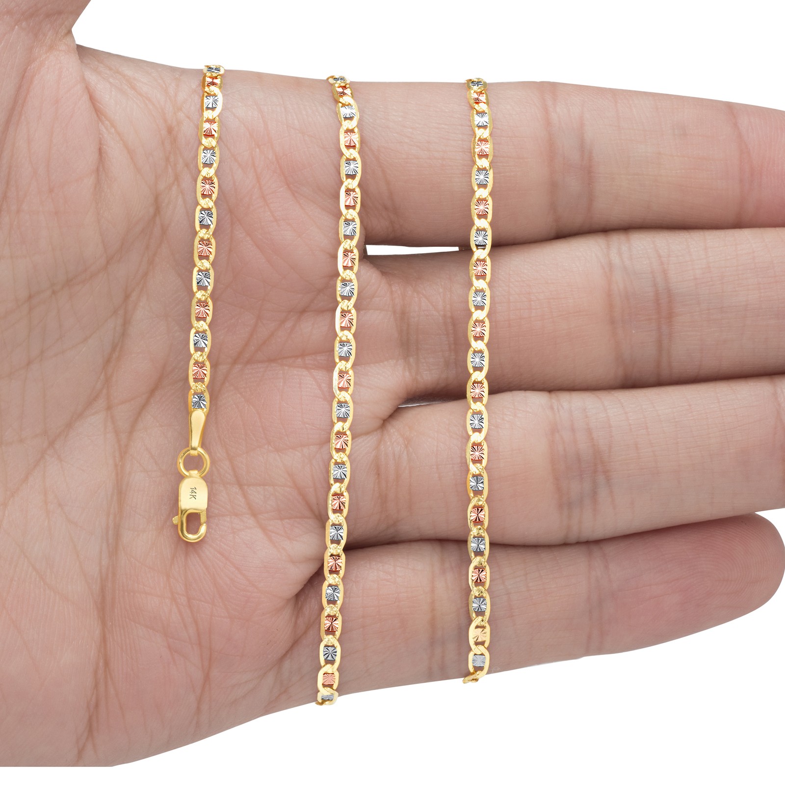 14K Solid Tri Yellow Rose White Gold 2.3mm Valentino Chain Womens Necklace 18″