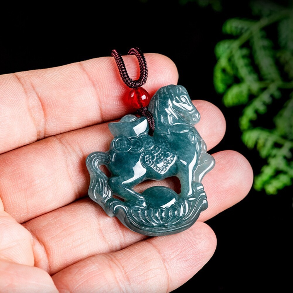 Grade A Natural Green Jade jadeite Zodiac Horse Lucky Pendant Necklace Certified