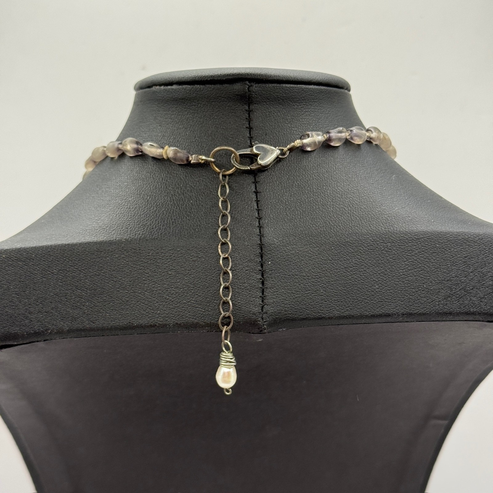Vintage Grey Smokey Beaded Necklace 925 Sterling Silver Flower Pendant Boho Goth