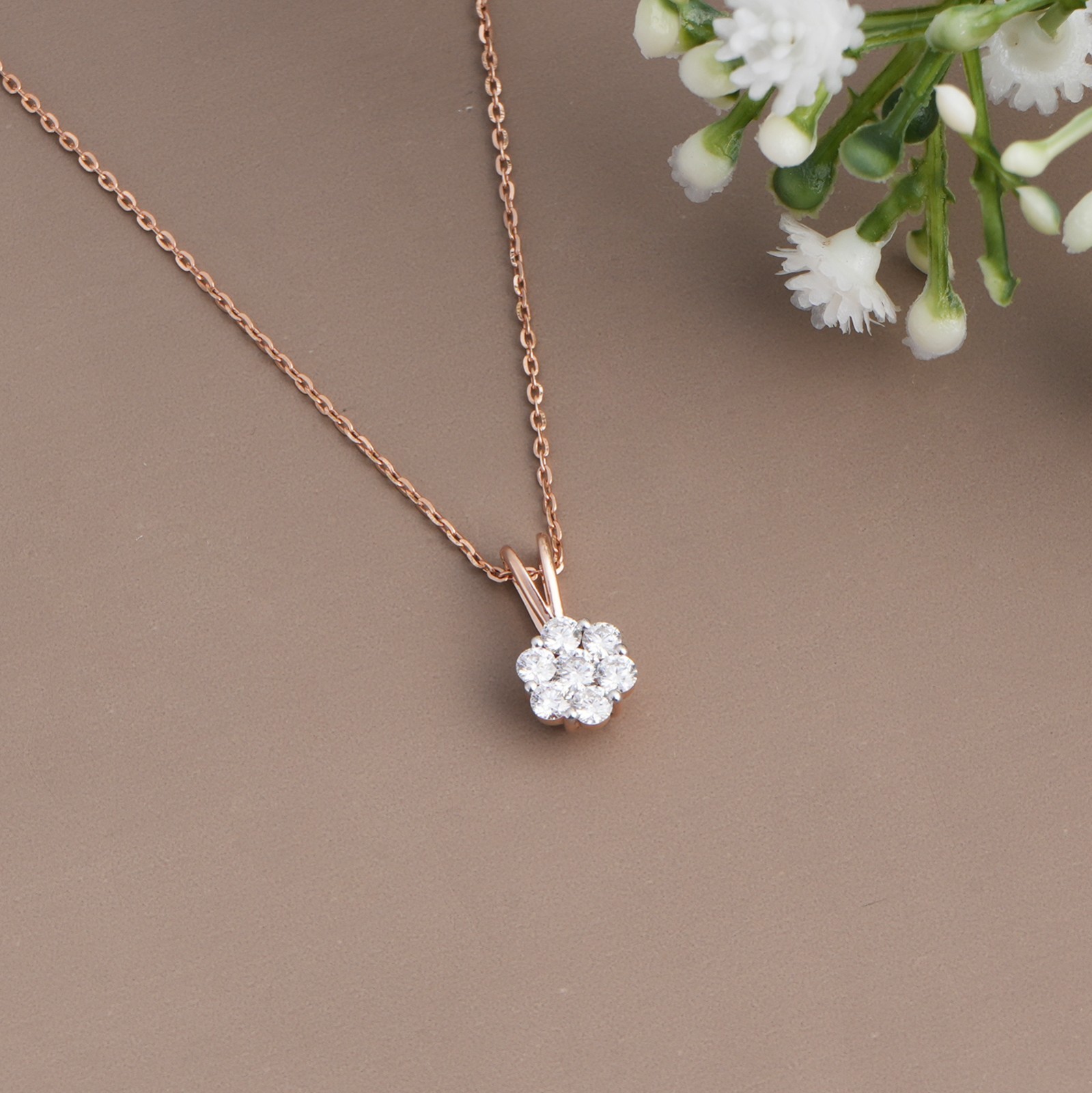 925 Sterling Silver Rose Gold Diamond Cluster Pendant Round Cut Flower Shape