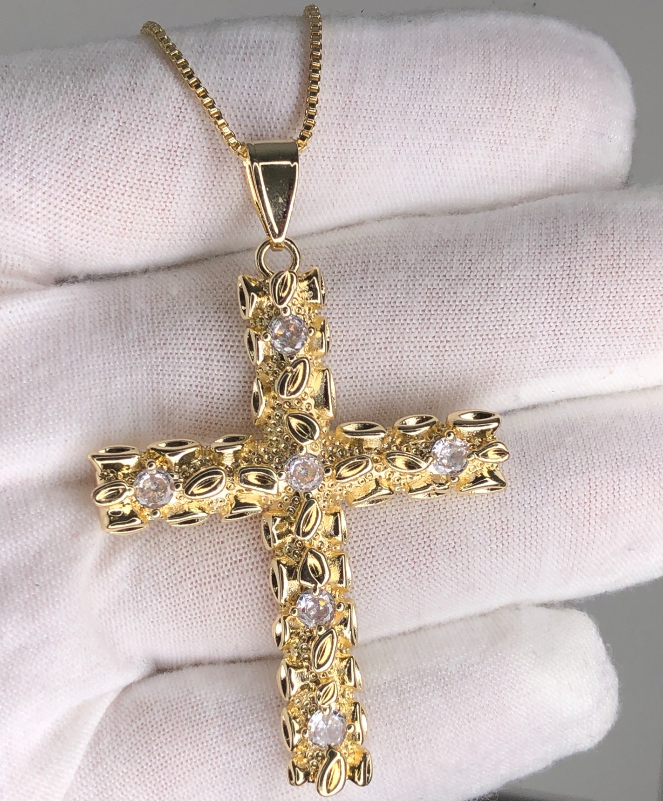 2″ Iced CZ Italian 1/200 14k Yellow Gold Oro Nugget Cross Nugget Pendant Cadena