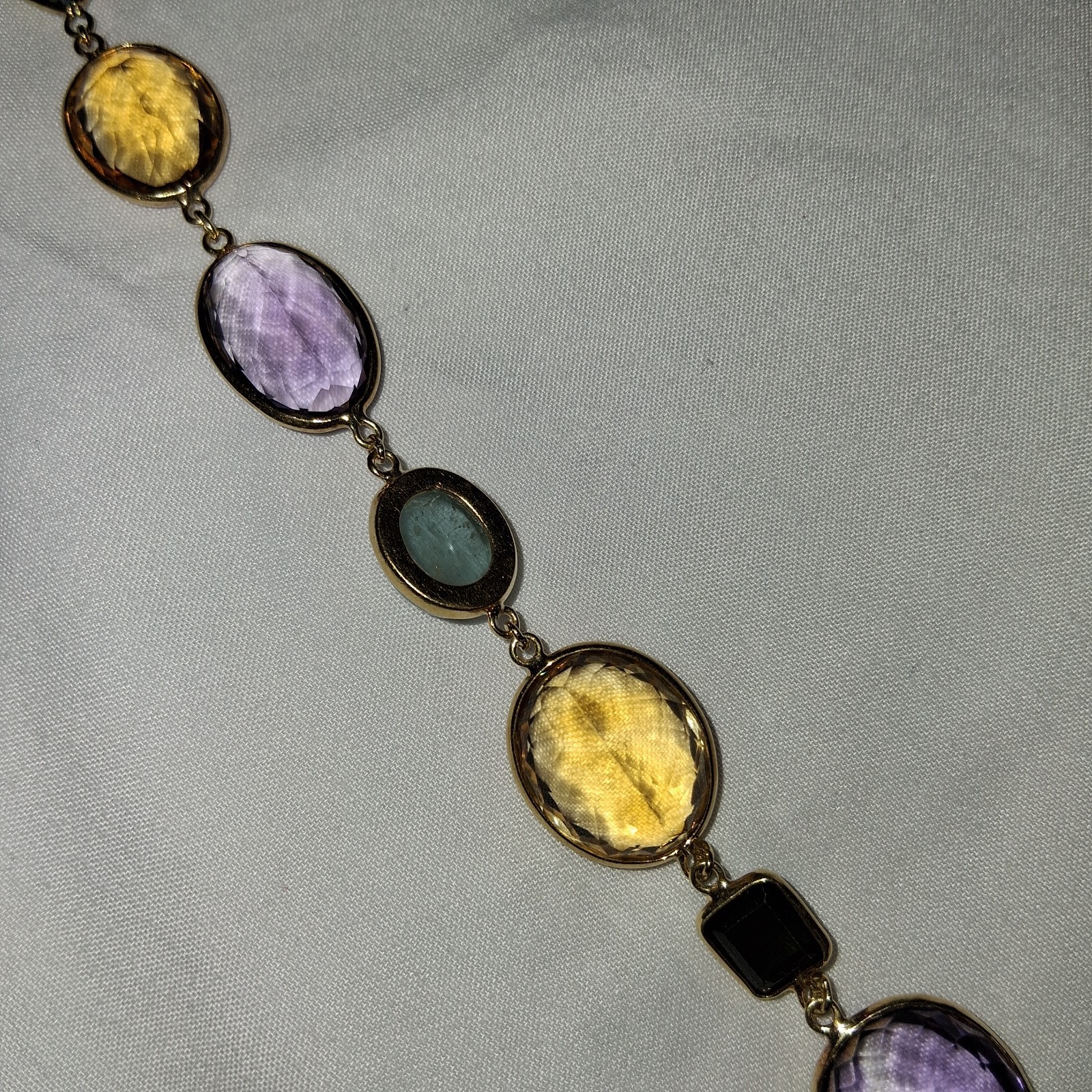 18k Yellow Gold multi color shape stone long necklace
