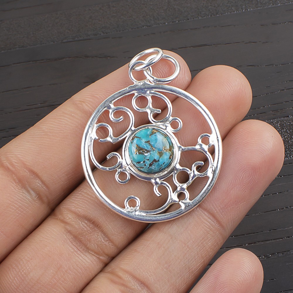 Blue Copper Turquoise Stone Sterling Silver New Birthday Handmade Wife Pendant