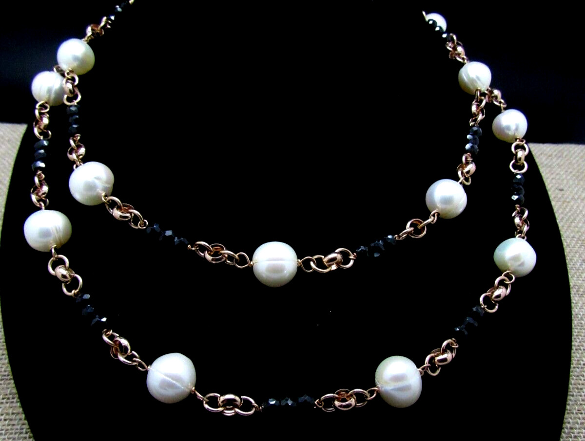 HONORA WHITE PEARL & BLACK BEAD NECKLACE BRONZE MILOR ITALY NEW IN BOX