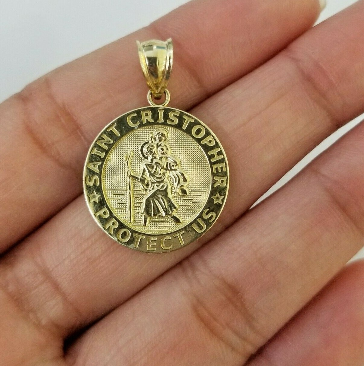 10k Yellow Gold Circle Saint Christophe Charm 10kt Round Pendent Real Gold