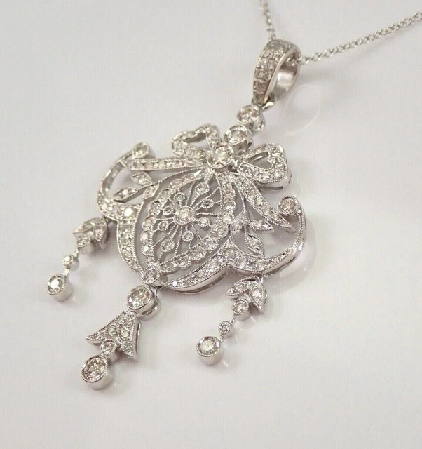 2.10Ct Lab Created Diamond Drop Antique Pendant Chain 14K White Gold Plated