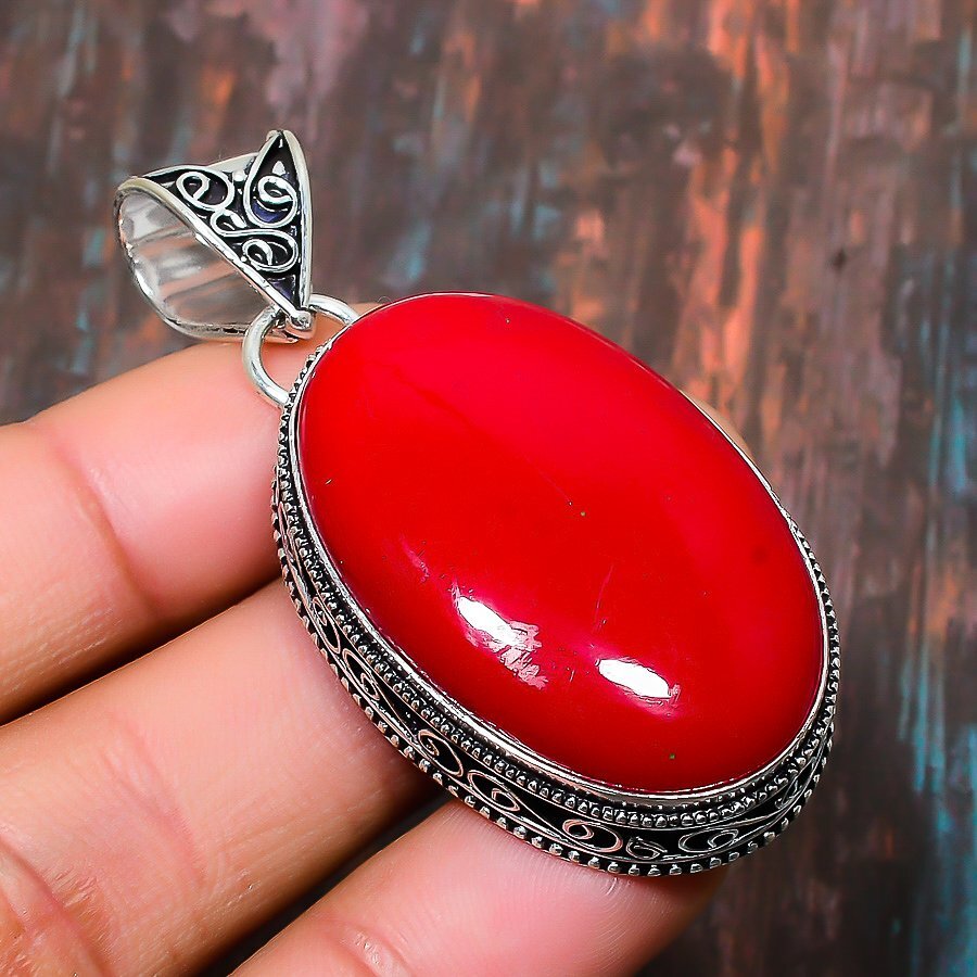 Italian Red Coral Gemstone Handmade Gift Jewelry Pendant 2.17″ S529