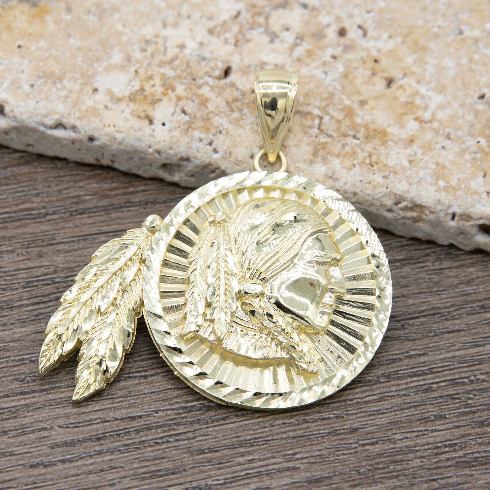 Diamond-Cut Indian Chief Medallion Pendant Real Solid 10K Yellow Gold All Sizes