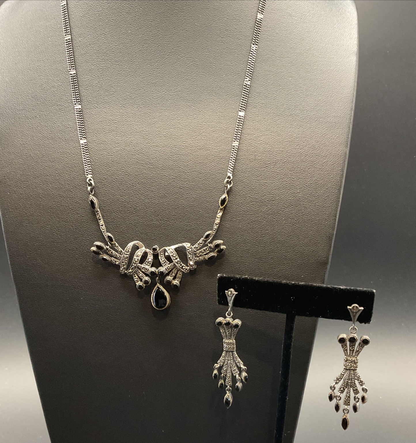 VTG Art Deco Marcasite Black Onyx Sterling Silver Necklace & Earrings