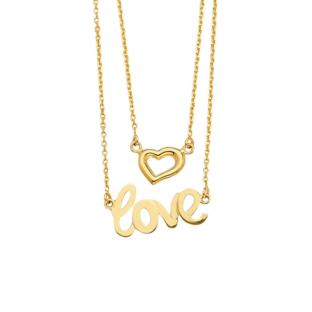 Gold 14K Yellow Gold 2Lines Chain Necklace w/Heart+Love