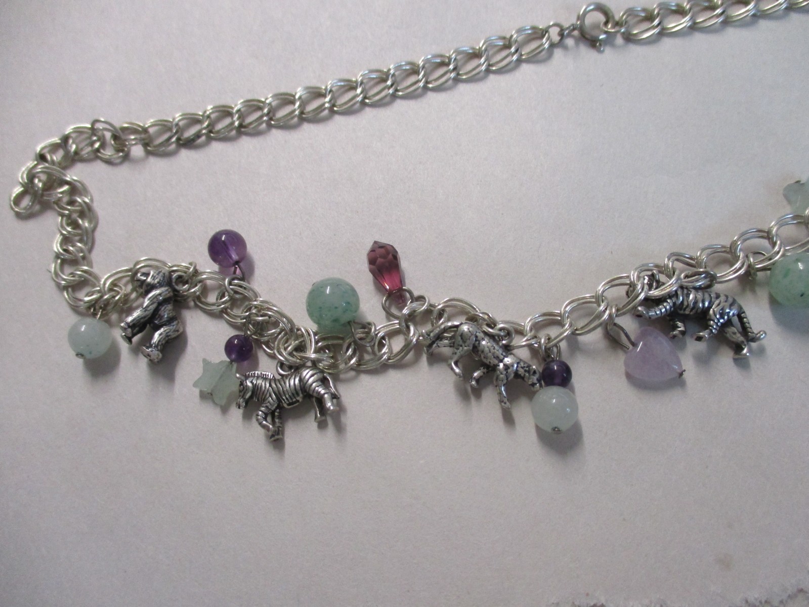 STERLING NECKLACE WITH COLORED STONES & ZOO ANIMALS 18″