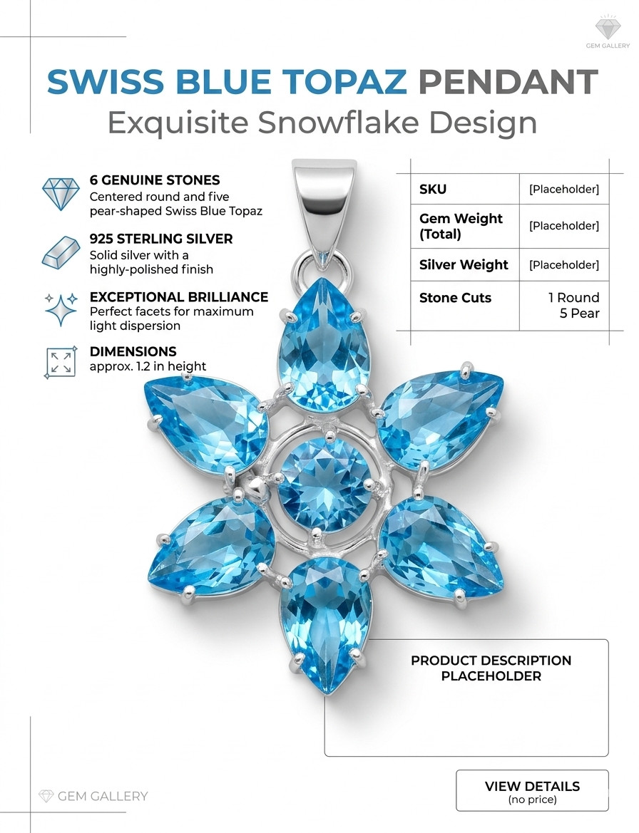 Swiss Blue Topaz Gemstone Floral Pendant 925 Sterling Silver Jewelry S-1.20″