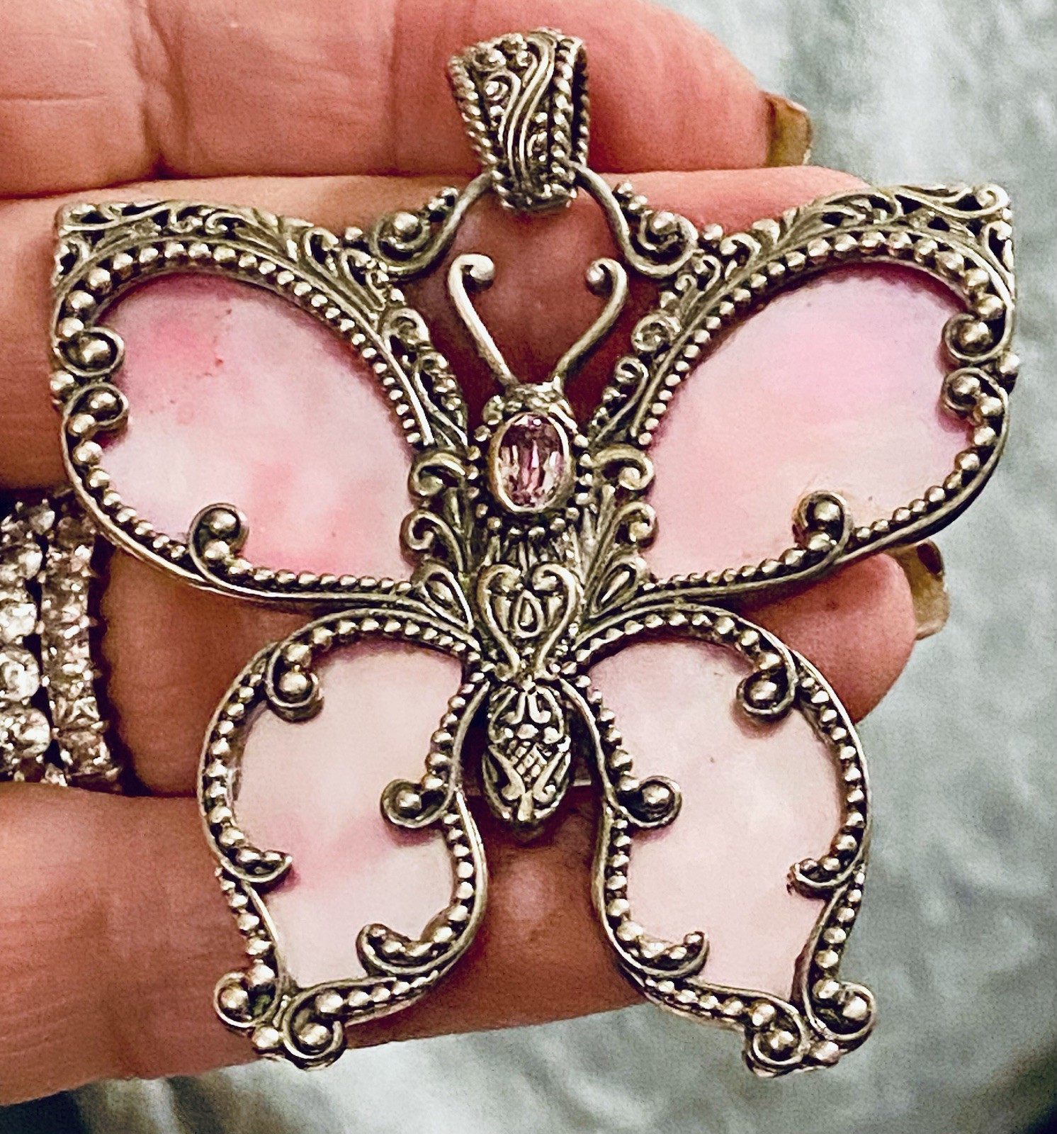 🩷HUGE RARE SARDA PINK BUTTERFLY STUNNING STERLING PENDANT 2. 1/2” Blk Cord Neck