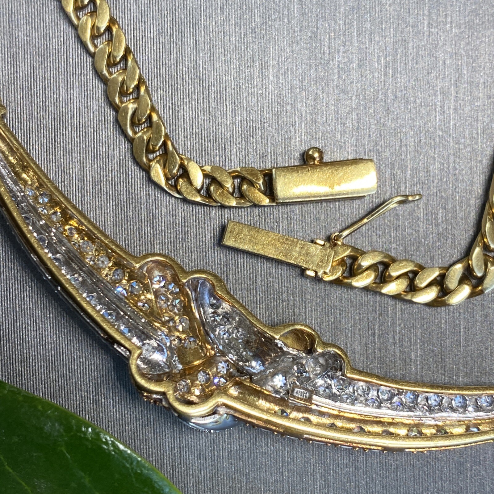 18K Yellow White Gold Diamond Love Knot X Crescent Vintage Cuban Chain Necklace