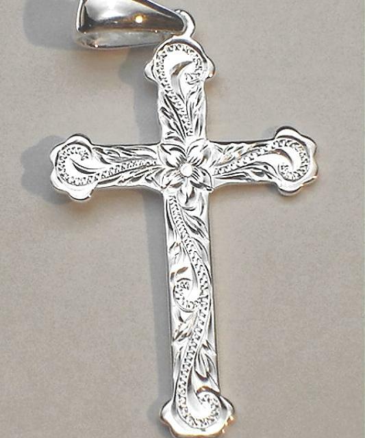 26MM SOLID 925 STER SILVER HAND ENGRAVED HAWAIIAN HERITAGE SCROLLS CROSS PENDANT