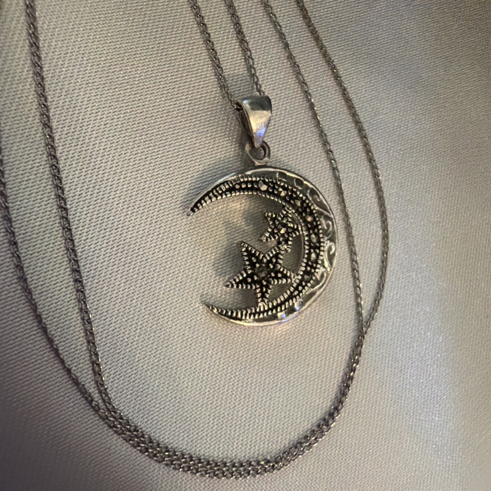 Crescent Moon & Star Marcasite Sterling Silver 925 Celestial Necklace Pendant