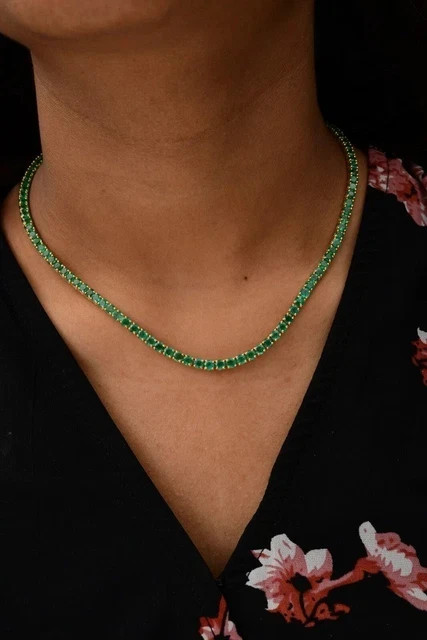 10Ct Round Cut Green Diamond Tennis Necklace 14K Yellow Gold Plated