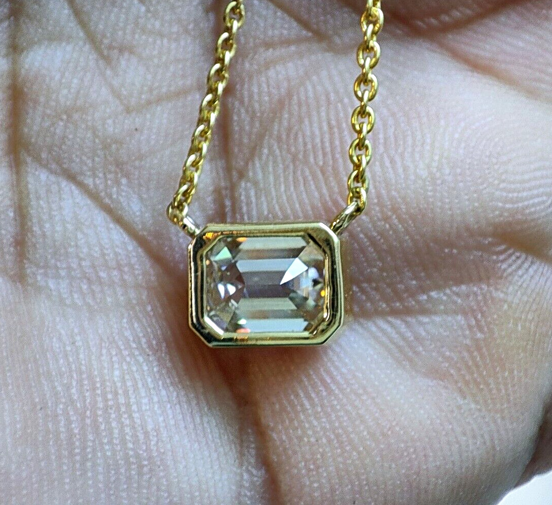 2.00 Ct East-West Emerald Moissanite Solitaire Bezel Set Pendant 14k Yellow Gold
