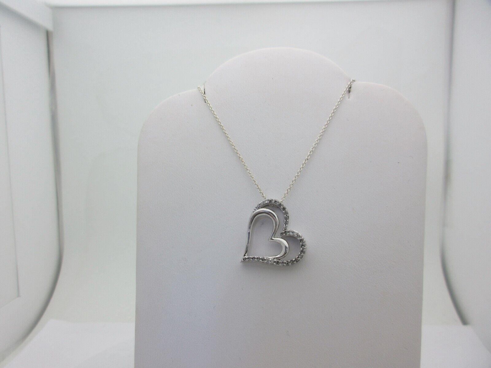 Natural Diamond Necklace Heart Women Double Sterling Silver Gift 19″ .32ct SN007
