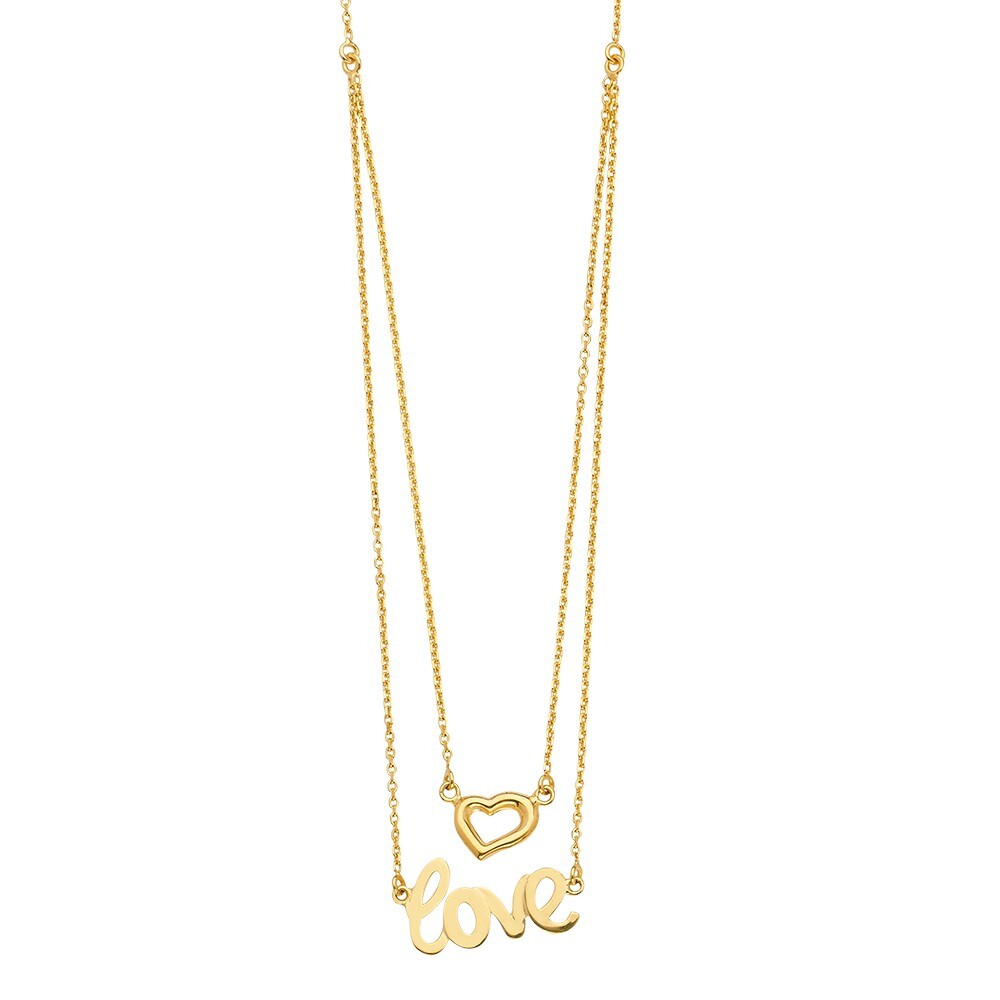 Gold 14K Yellow Gold 2Lines Chain Necklace w/Heart+Love