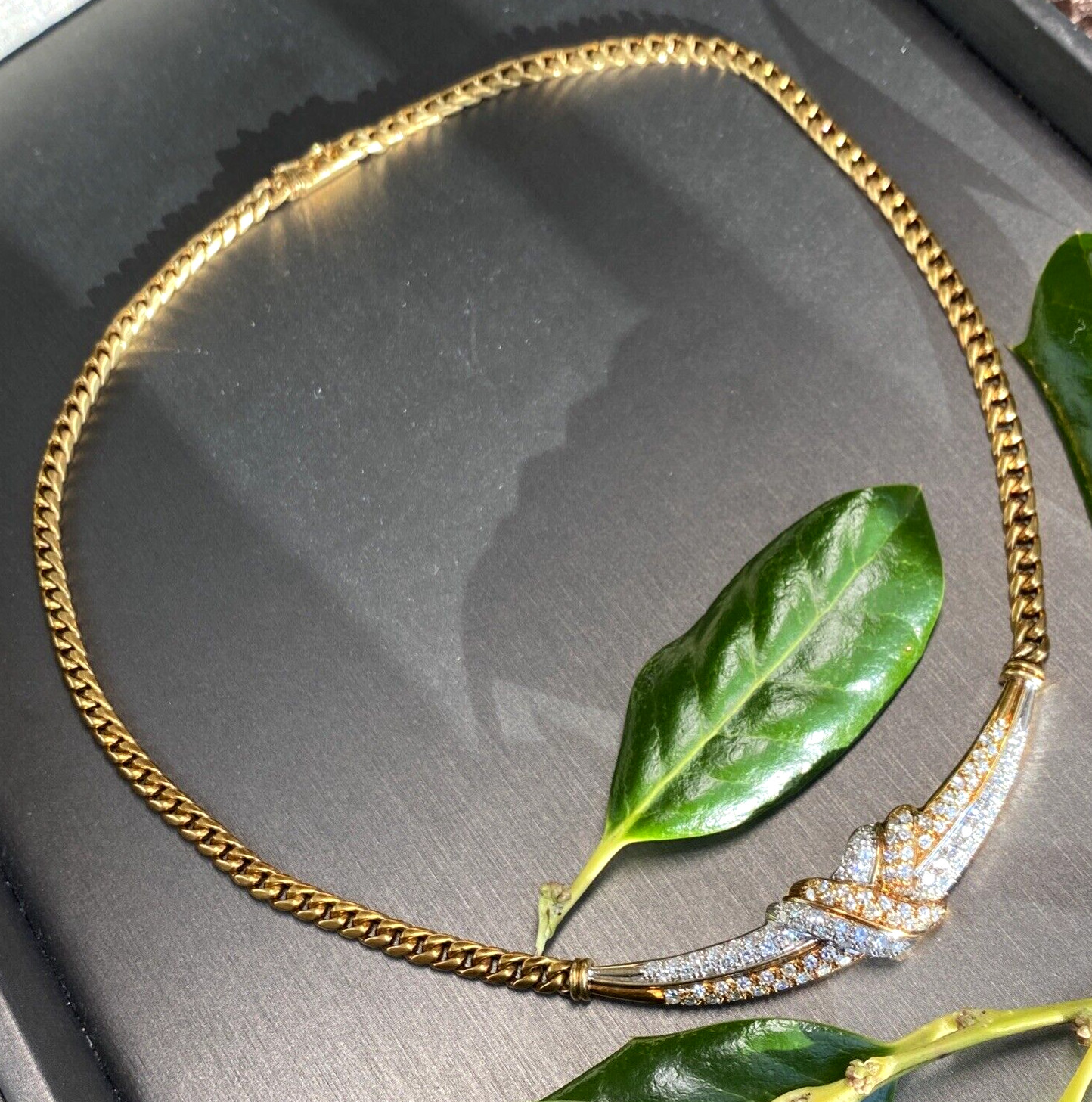 18K Yellow White Gold Diamond Love Knot X Crescent Vintage Cuban Chain Necklace