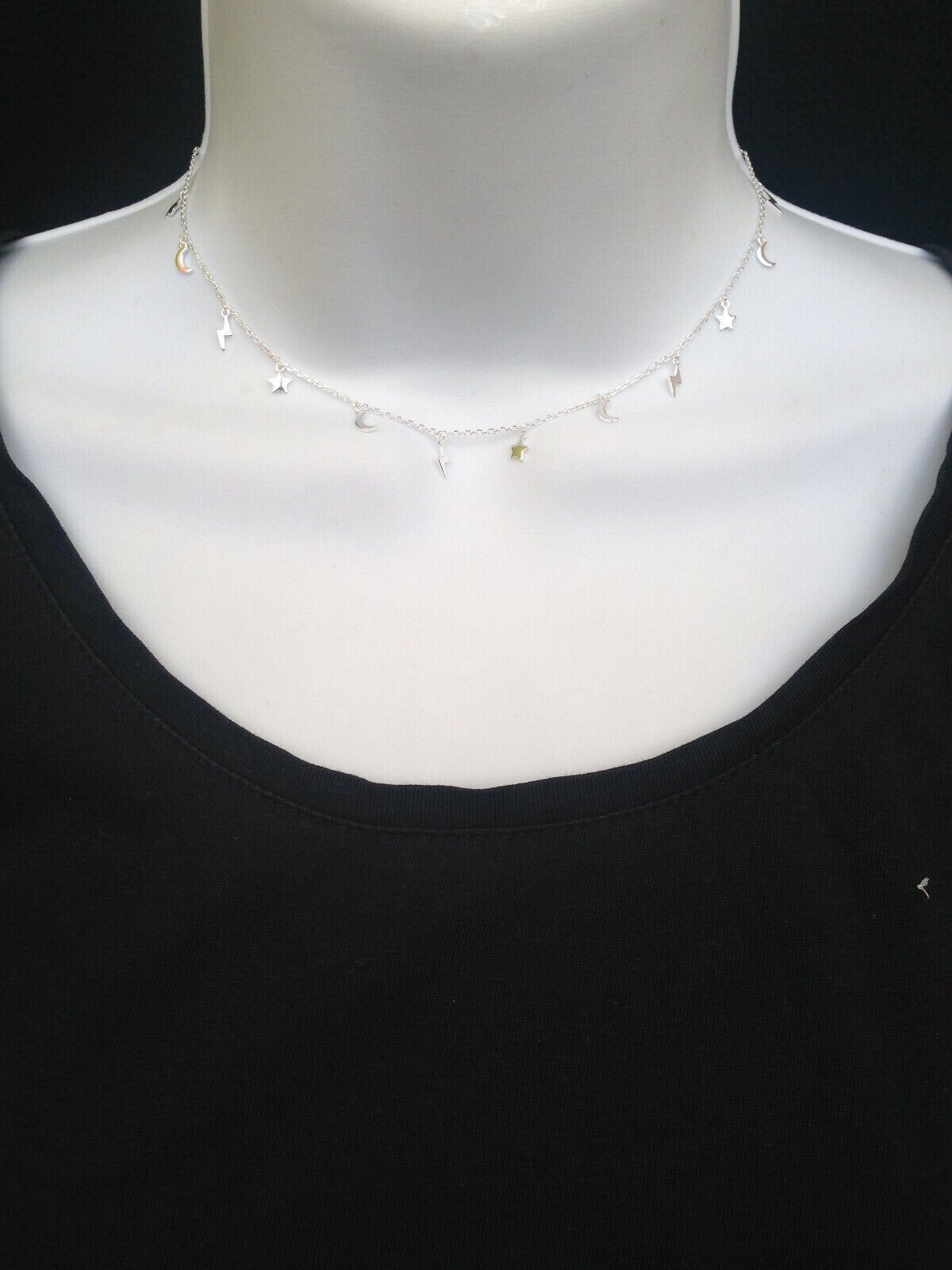 925 Sterling Silver Star Moon Lightning Station Choke Necklace Girls 6mm 15.5″
