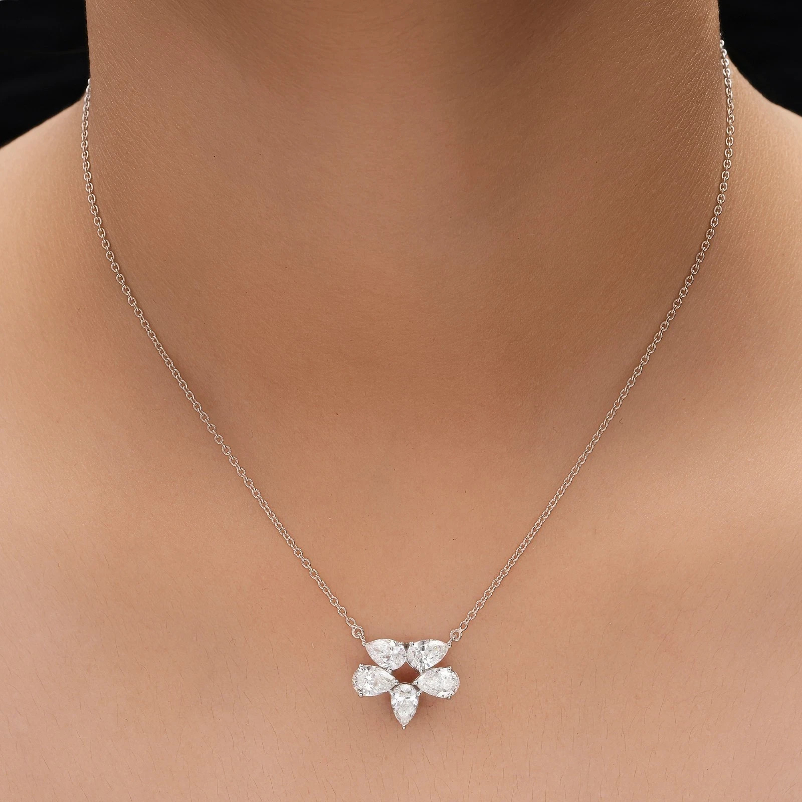 14K White Gold Pear-Cut Natural Certified Diamond Women Perfect Cluster Pendant