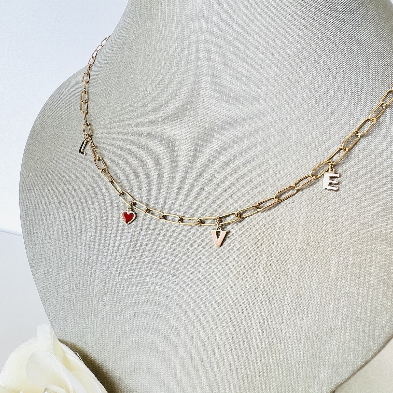 Solid 14k Yellow Gold Paper Clip Enameled “LOVE” Charm Necklace, 17″ New