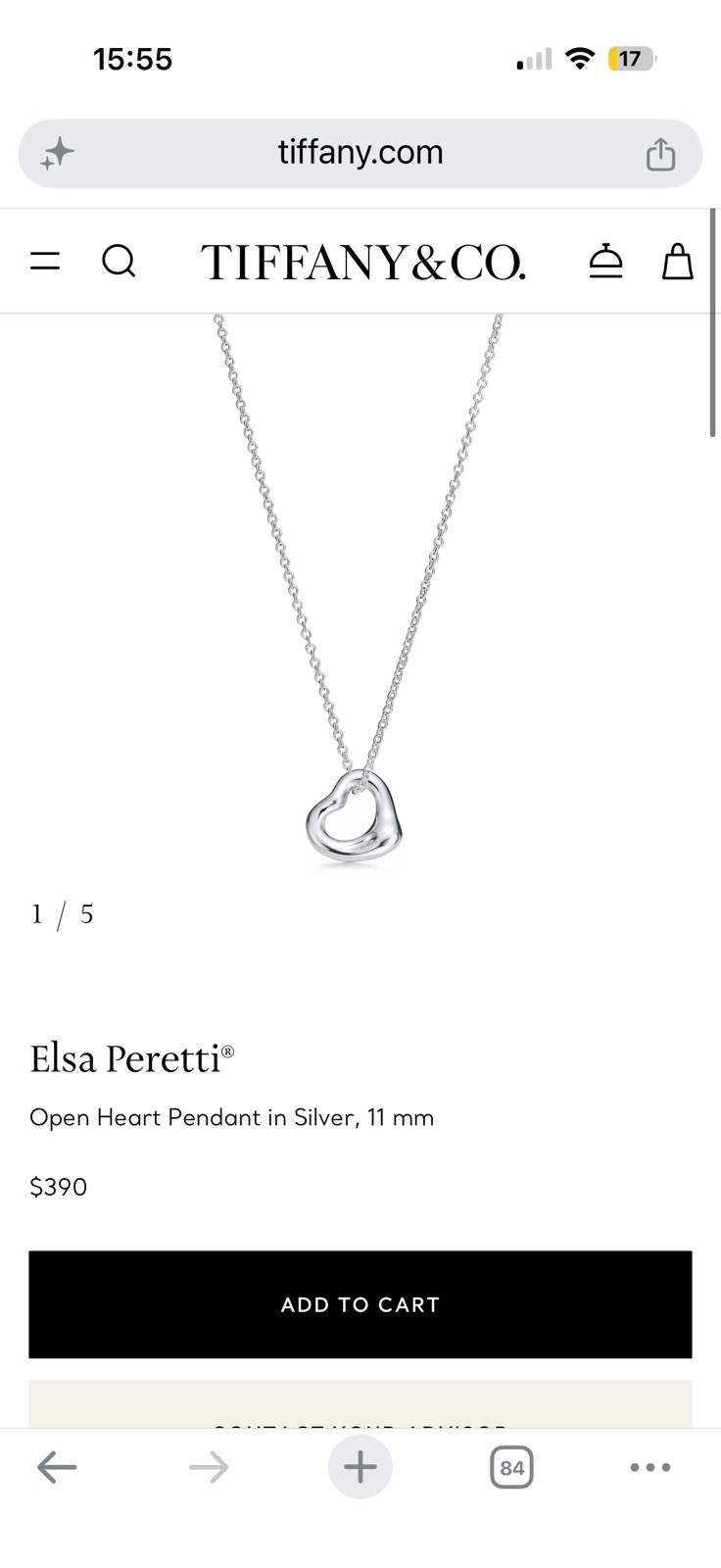 Tiffany & Co. Elsa Peretti 11mm Open Heart Pendant Necklace Sterling Silver 16″