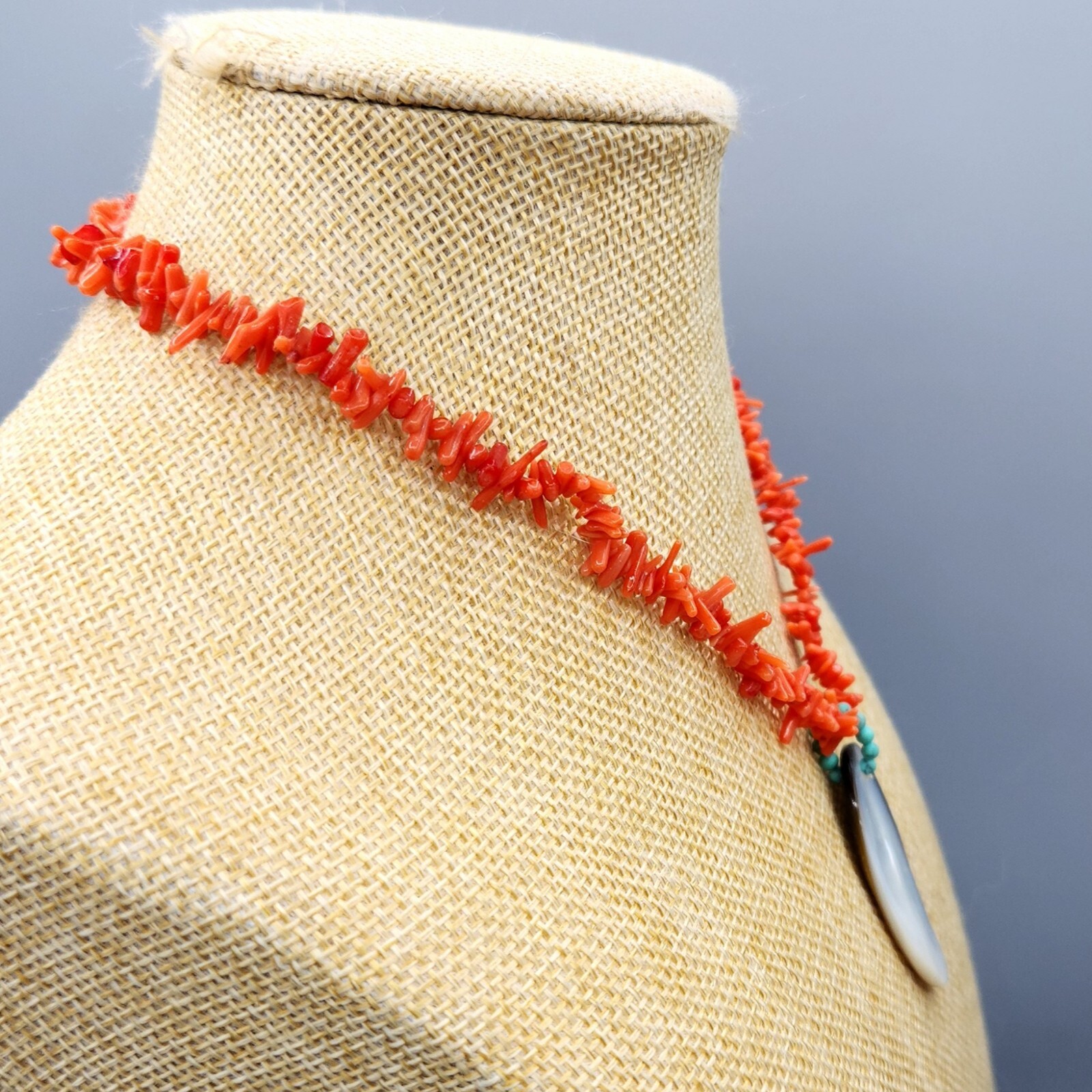 Red Branch Coral Turquoise Mother of Pearl Sterling Silver Necklace 16″ 25.7g