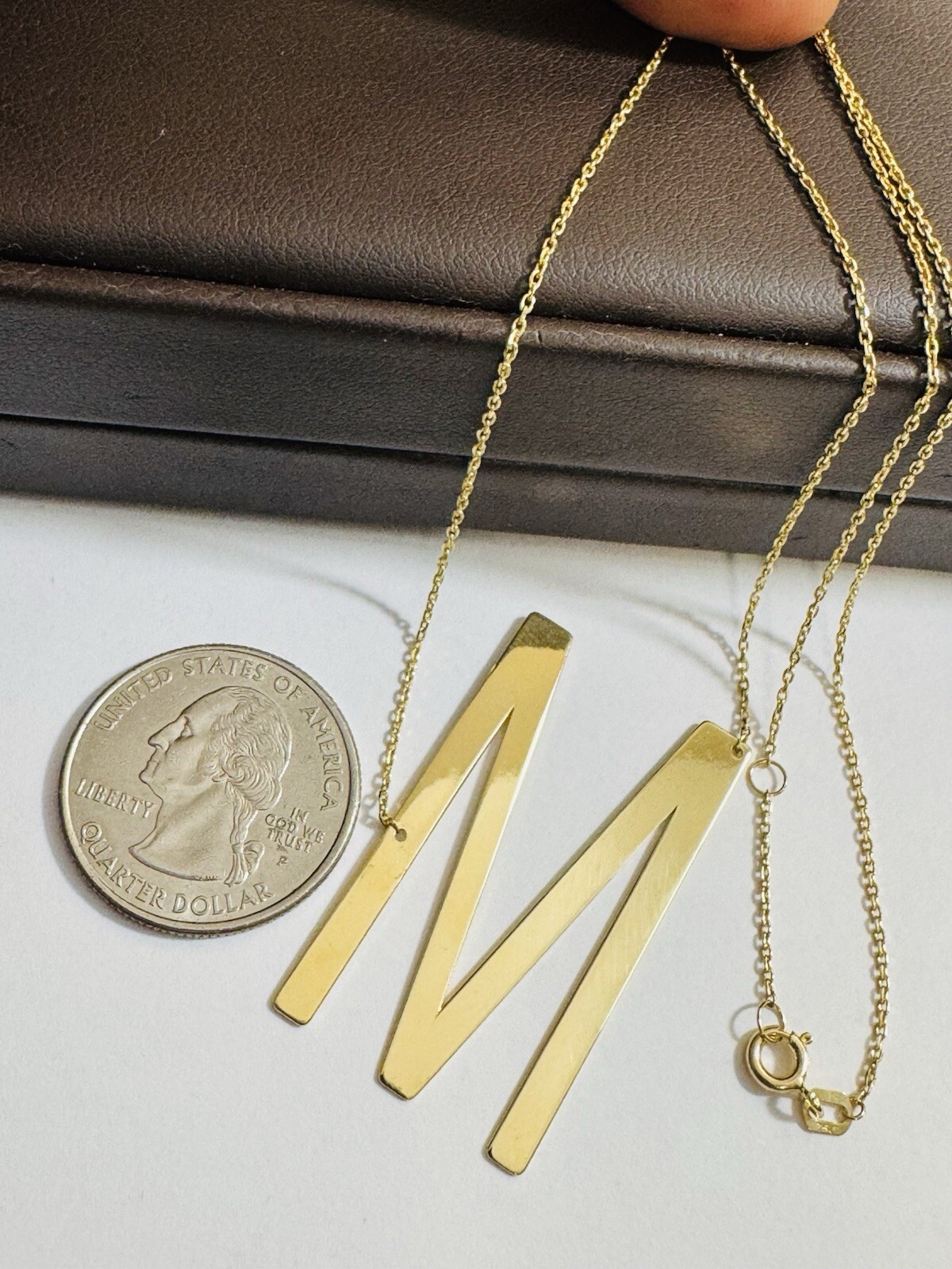18K 750 Dubai Fine Gold Letter M initial Necklace 16.5/17.5” Long 1mm 5.2g