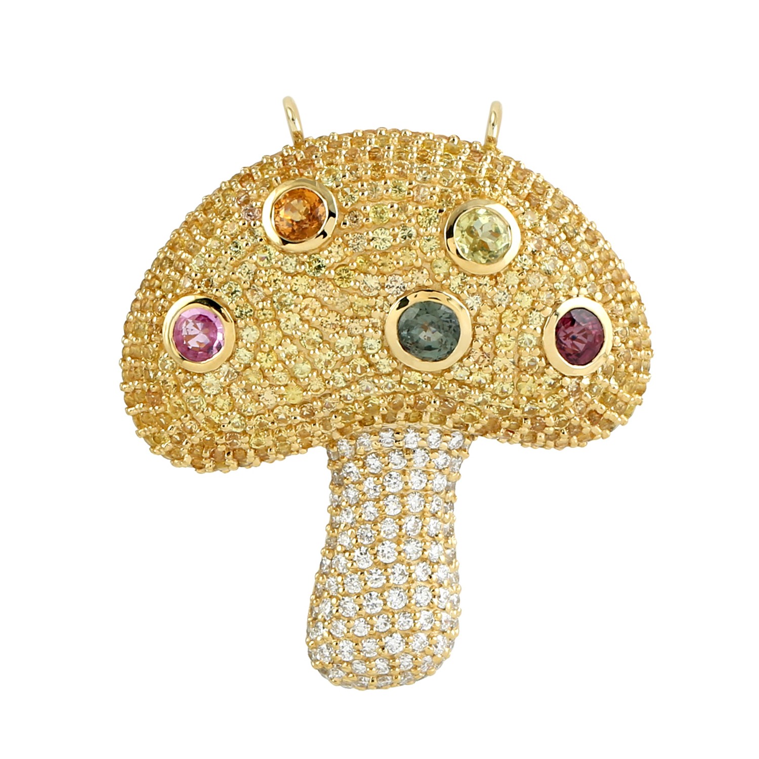 14k Yellow Gold Pave Diamond Multicolor Sapphire Mushroom Pendant For Women