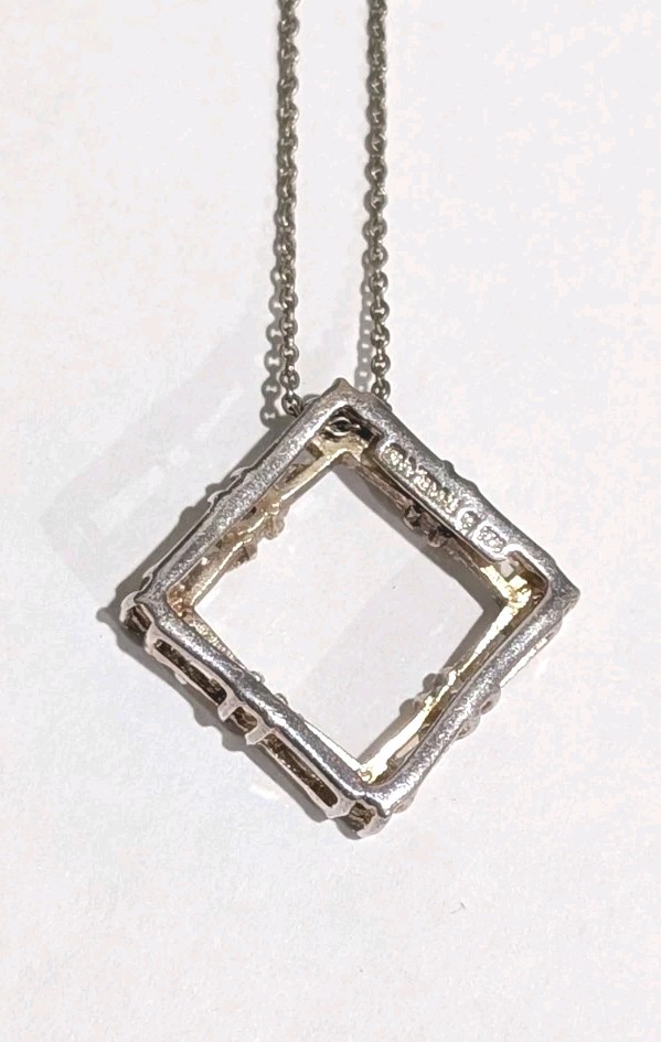 Designer Sterling Silver White Colorless Garnet Square 1″ Pendant 16.5″ Necklace