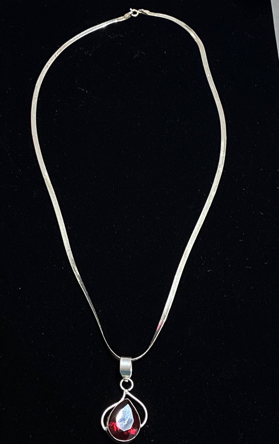 925 Sterling Silver 24” Herringbone Chain Red Glass Teardrop Pendant