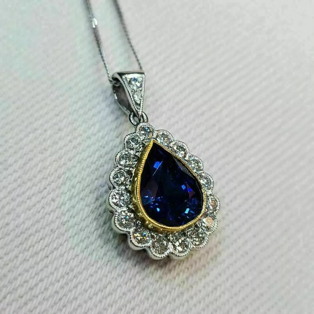 2.60Ct Pear Cut Blue Sapphire Teardrop Pendant 14K Two Tone Gold Over Free Chain