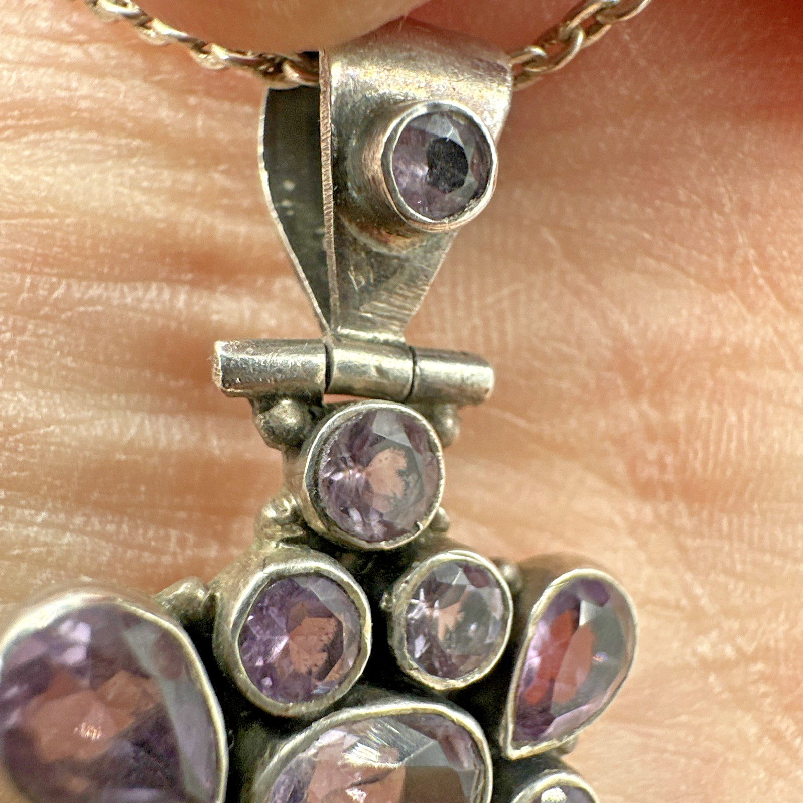 Vintage Amethyst Handmade Sterling Silver Cluster Pendant on 18″ 925 Necklace