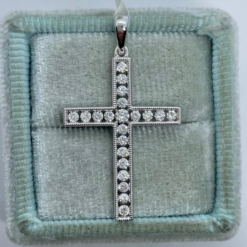 0.48Ct Round Cut Real Moissanite Cross Religious Pendant 14K White Gold Plated