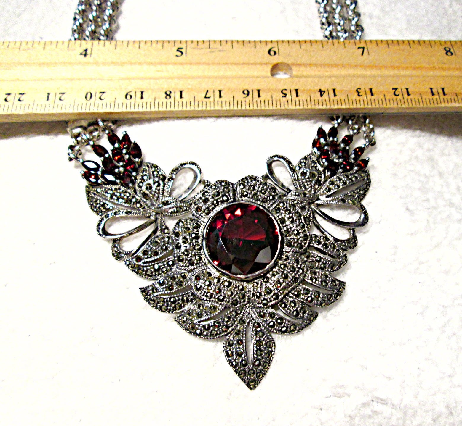 STATEMENT PIECE Sterling Silver Large GARNET MARCASITE Necklace STUNNING 76.7 G