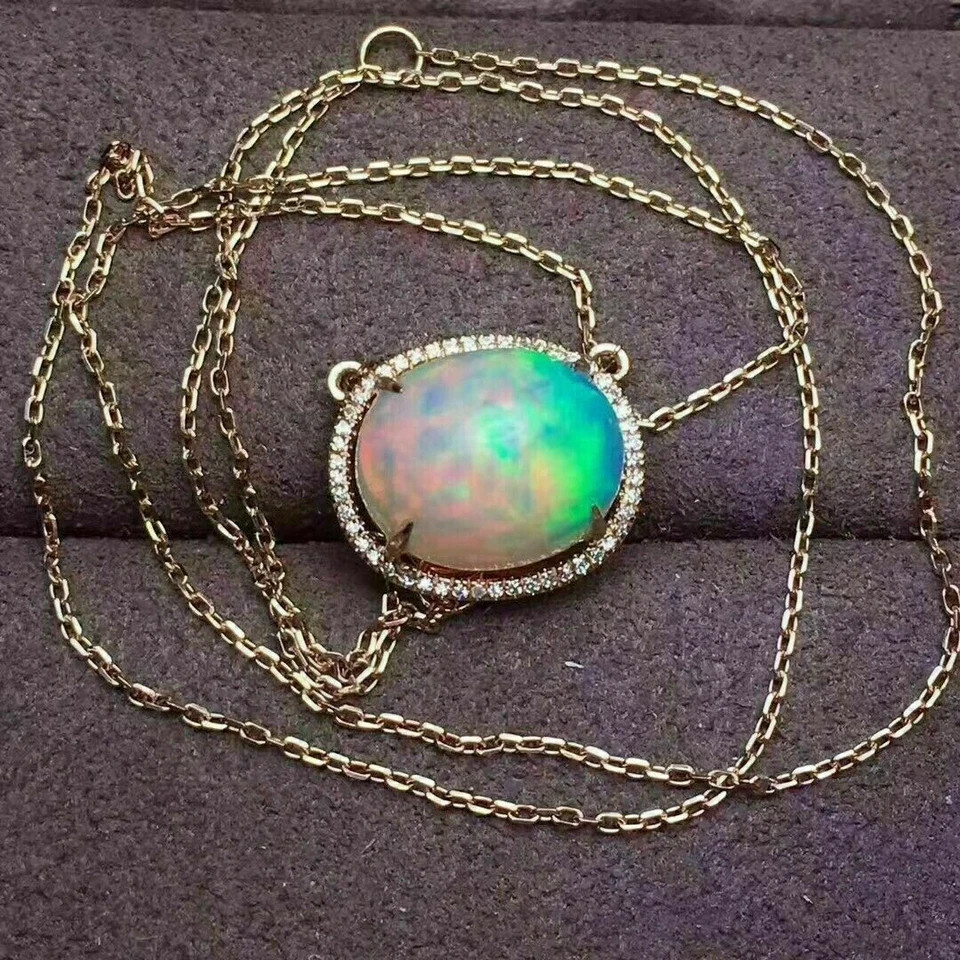 3.20Ct Oval Cut Fire Opal & Diamond Halo Pendant 14K Yellow Gold Over Free Chai