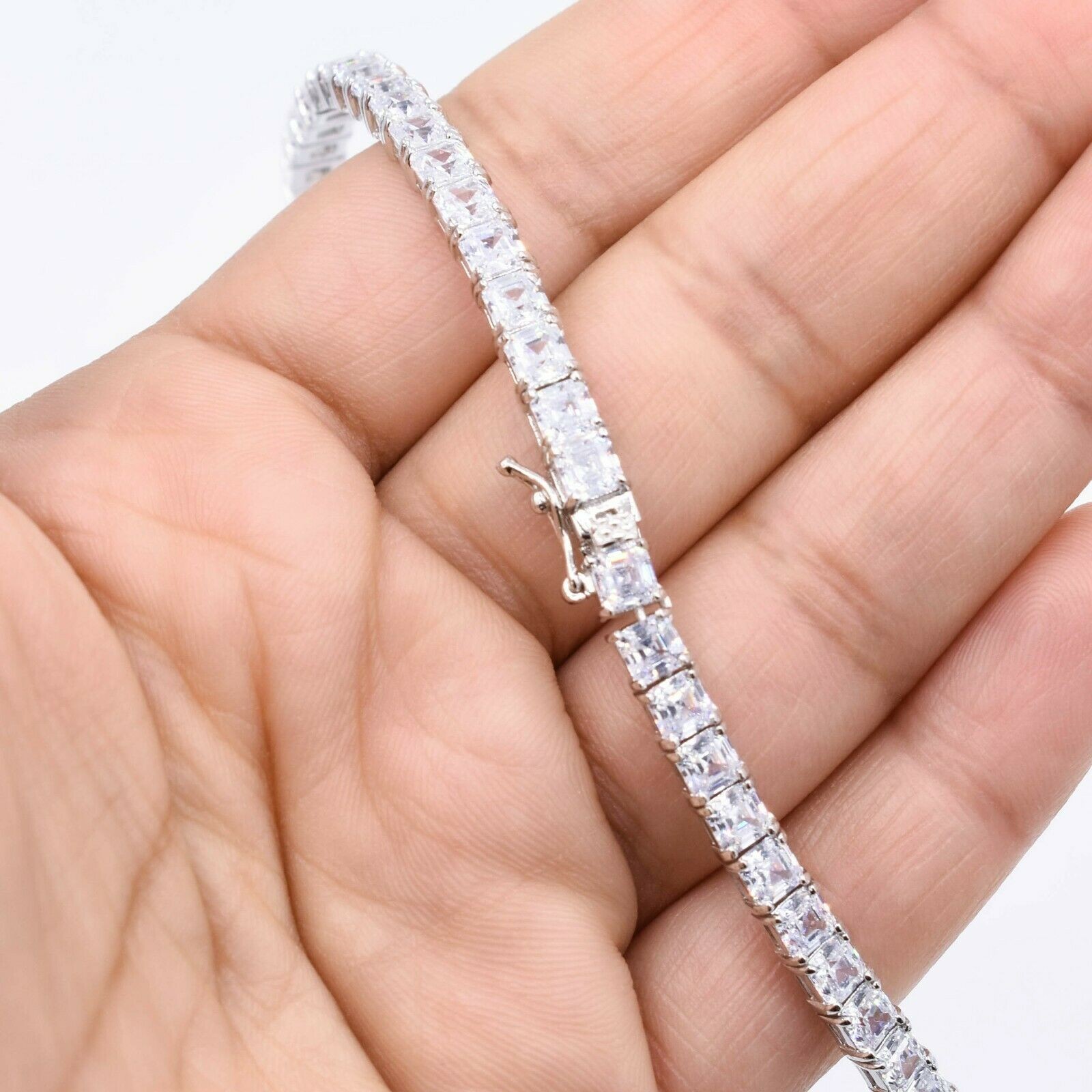 4mm Princess Cut Tennis Chain Necklace 14K White Gold-Plated Sterling Silver 925