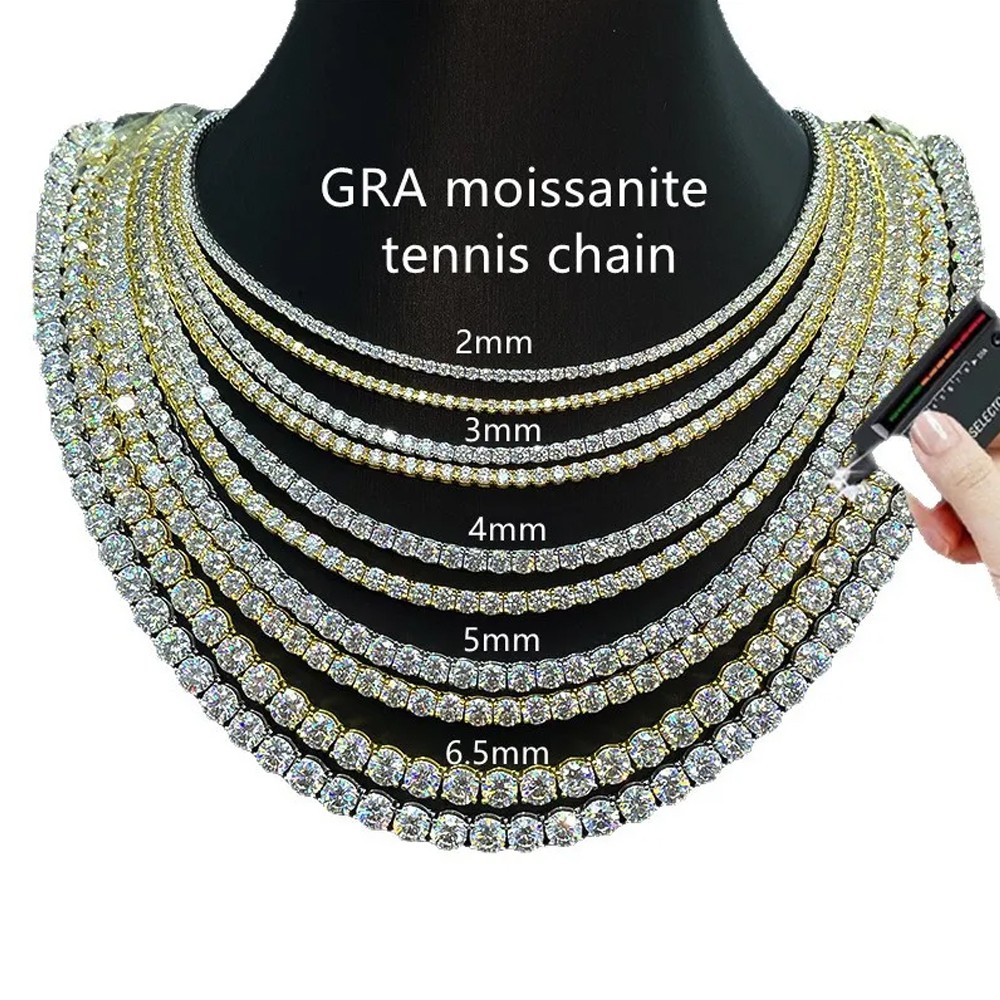 3-6.5mm Moissanite Tennis Necklace 925 Sterling Silver Hiphop Necklace Men Women