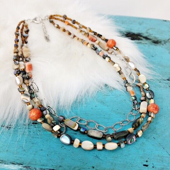 Silpada Fiesta Fun Sterling Silver Coral Abalone Layered 925 Necklace N1563