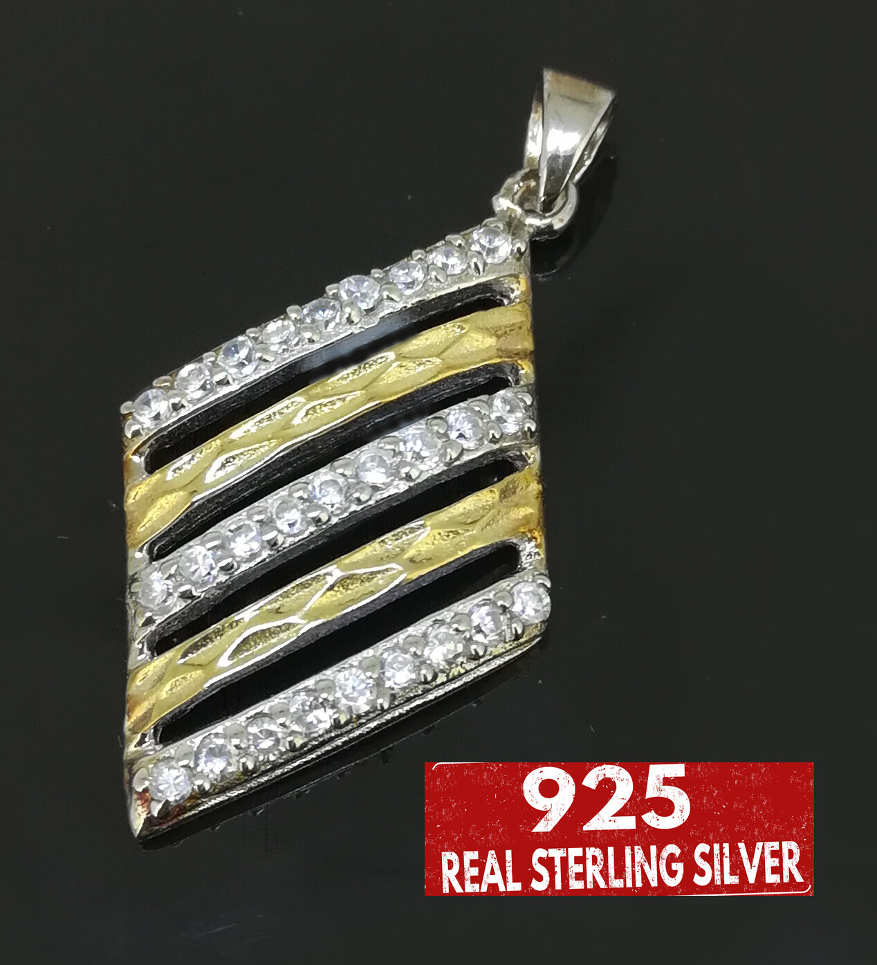 Elegant Genuine Solid 925 Sterling Silver 2 Tone CZ Pendant N-A880